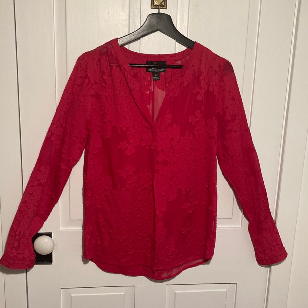 Cynthia Rowley silk cotton rayon blend sheer floral red shirt size small